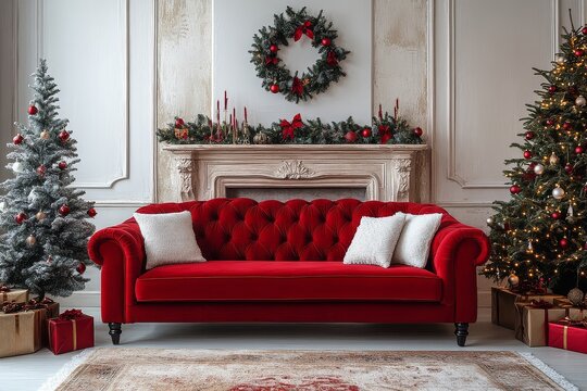 Stylish modern interior with red sofa, fireplace, and Christmas tree on a white background, creating a festive atmosphere.