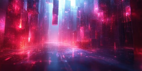 Fototapeta premium Futuristic Abstract Geometric Shapes with Neon Lights and Reflections in Digital Art Style