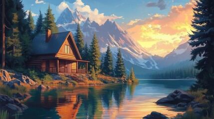 Fototapeta premium Lakeside Cabin Sunset Vibrant Landscape with Mountains and Forest