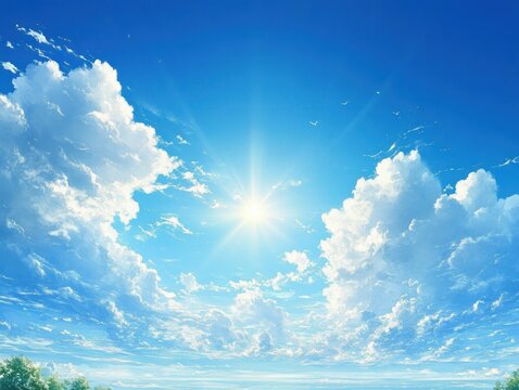 Bright Shining Blue Sky Watercolor Landscape with Soft Sunlight and Clouds