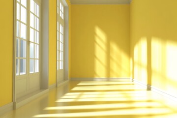 Obraz premium Sunny yellow room interior with French doors and hardwood floor.