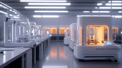 Modern laboratory interior with multiple 3D printers operating.