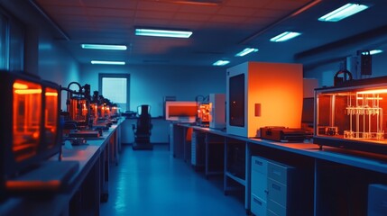 Modern laboratory with multiple 3D printers in rows under dramatic lighting.