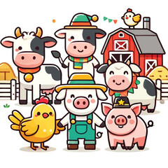 cute pig, chicken, and cow farm cartoon characters