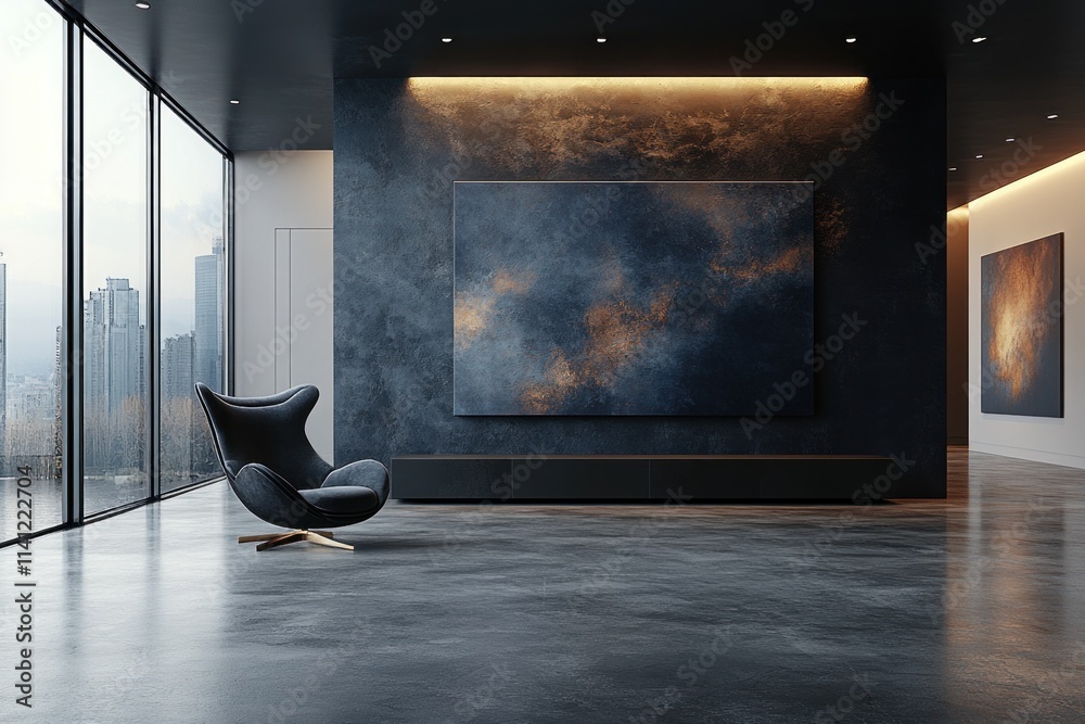 Poster modern empty room with dark wall and geometric patterned floor in contemporary design
