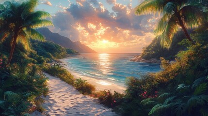 Vibrant Whimsical Tropical Nature Scene Illustration with Lush Greenery and Serene Beach