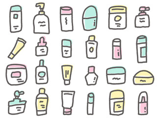 いたずら書き風の可愛いコスメや薬の容器のセットアイコン