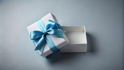 A partly opened white gift box with a light blue ribbon bow on a pale blue background