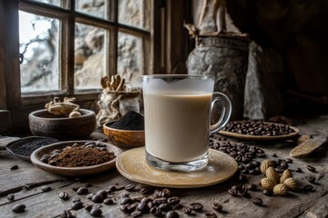 Creamy coffee drink in glass mug on rustic wooden table with various coffee ingredients near window.