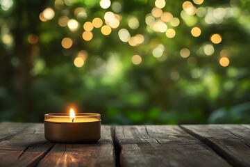 rustic candle burning gently on a wooden table. The background displays bokeh in earthy tones of green and brown