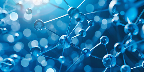 Close-up of Molecular Network with Blue Bokeh Effect, Scientific Visualization of Molecular Structure with Glowing Spheres, microscopic pattern , fragrant pharmaceutical 