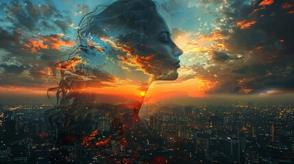 Fototapeta premium Woman's silhouette with city and sunset double exposure.