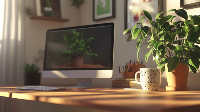 A light-filled workspace with a sleek monitor and a ceramic coffee cup, styled for creativity and efficiency