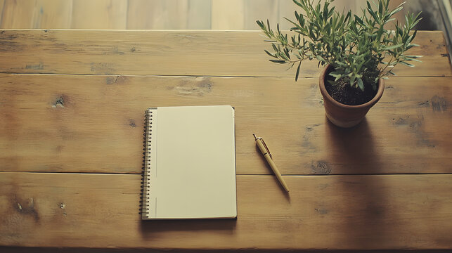 A minimal flatlay with a notebook, a pen, and a small plant on a clean wooden table, evoking creativity and intention