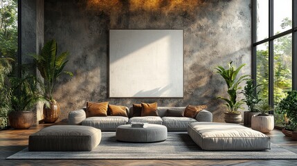 Minimalist Office Interior with Blank Canvas on Concrete Wall and Natural Light