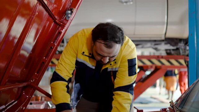 Mechanic Asian man examining tuning fixing repairing car engine automobile vehicle parts using tools equipment in workshop garage support, smiling young male looking at camera