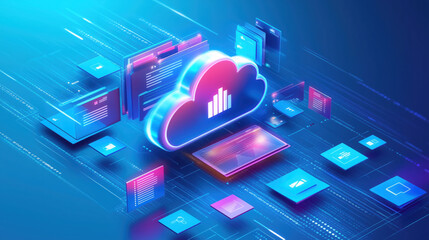 Abstract Cloud Storage Concept with Glowing 3D Cloud and Digital File Icons