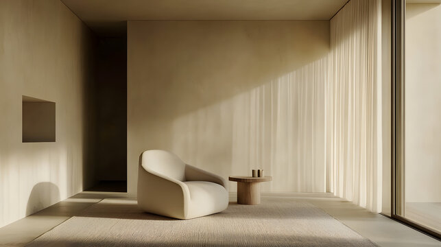 A minimalist living room with a single armchair, a small side table, and a neutral-toned rug, radiating calm and warmth