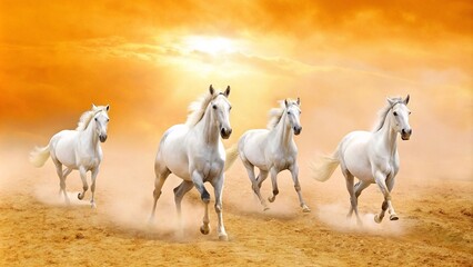 Fototapeta premium a group of white horses running in a line, galloping in a field. The sky is a beautiful orange and yellow color, with the sun setting in the background.