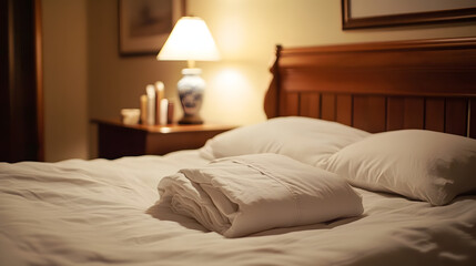 A neatly folded duvet on a low-profile bed, with a small bedside table holding a single ceramic lamp, exuding tranquility