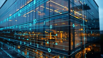 Nighttime view of a modern glass building with a digital data overlay highlighting tech innovation - Powered by Adobe
