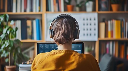 A person wearing headphones, focused on writing their goals in an app on a tablet, surrounded by books and a motivational calendar on the wall 