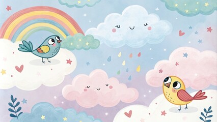 Whimsical birds and clouds in a colorful sky