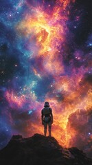 A figure stands in awe before a vibrant cosmic scene filled with colors and stars.