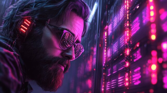 Cyberpunk Network Technician Working on Computer Surrounded by Server Racks