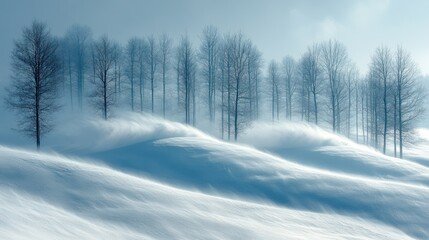 Obraz premium Snowy panorama: Winter enveloping a beautiful landscape, emphasizing the serene and majestic quality of the season with snow-covered and a tranquil, scenic backdrop.