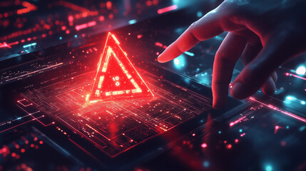 Holographic Red Triangle and Dynamic Data Charts in a Cyber-Themed Environment