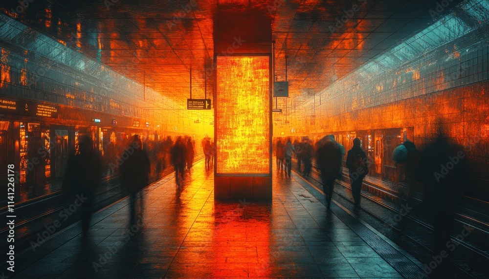 Poster Empty Advertising Billboard in Subway Station with Commuters and Trains in Motion