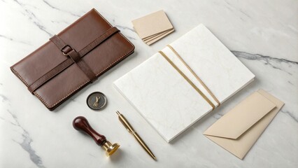 Fototapeta premium Elegant stationery arrangement with leather and marble textures