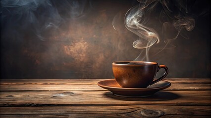 Aromatic steam rises from a rustic brown cup of coffee resting on a weathered wooden table