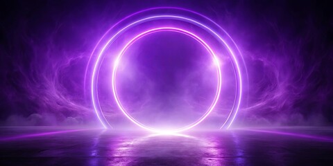 Abstract Purple Neon Glowing Circle Portal on Dark Floor