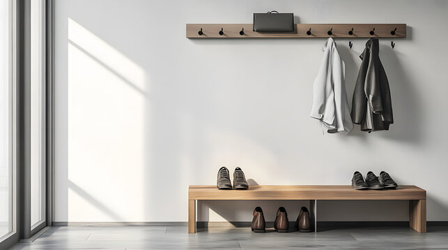 A minimalist entryway with a bench, a small coat rack, and a neat row of shoes, styled for practicality and style