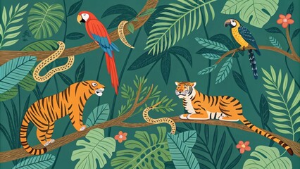Obraz premium Vibrant jungle scene with tigers and tropical birds