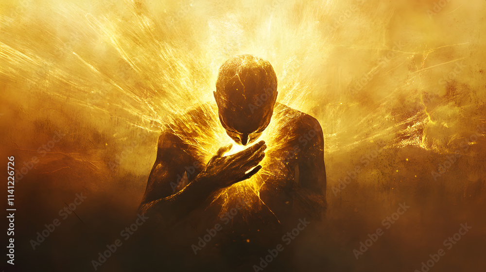 Poster a figure gripping their chest with both hands, golden light radiating faintly from within, represent
