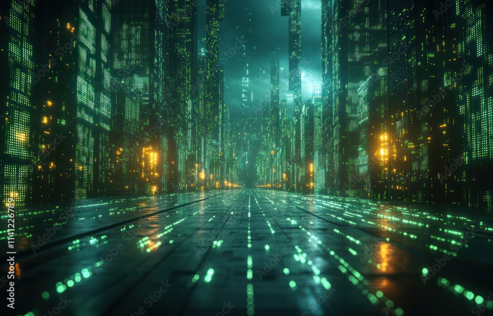 Fototapete futuristic digital landscape with cascading binary code in neon green aesthetics