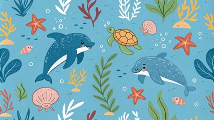 Naklejka premium Playful dolphins and sea life in a vibrant underwater scene