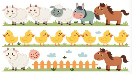 Obraz premium Cute cartoon farm animals in a playful design