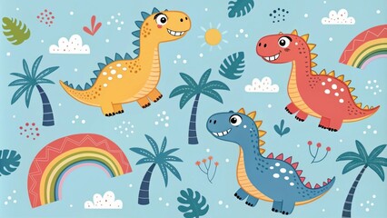 Playful cartoon dinosaurs in a colorful tropical scene