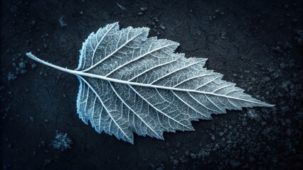 Frosted leaf on a dark surface