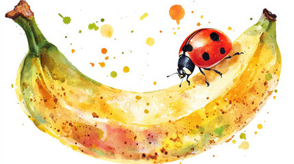 Watercolor banana with ladybug, vibrant colors and playful design