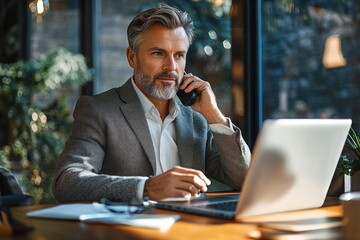 Businessman on Phone in Modern Office Working on Laptop at Desk