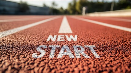 New Start concept on running track. Ideal for themes of motivation, success, and planning.