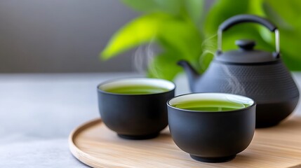 Elegant Black Tea Set with Green Tea on Wooden Tray