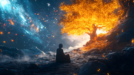 A figure kneeling in front of a glowing tree, their expression a mix of grief and awe