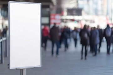 Blank Advertising Board in Busy Urban Setting with People Walking in Background