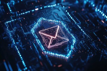 Futuristic Email Icon on Circuit Board with Neon Lights and Dark Background